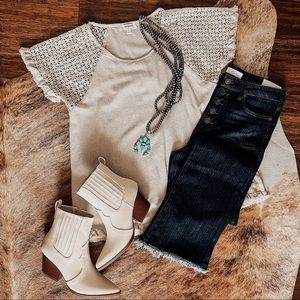 Linen Blend Top with Crochet Sleeves - New